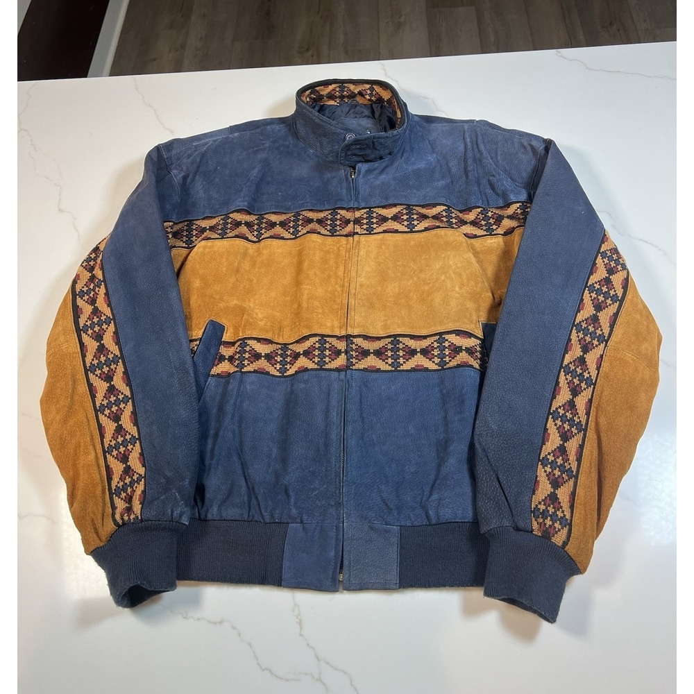 Vintage Adler Aztec Southwestern All Leather Full Zip Bomber Jacket Size Xl